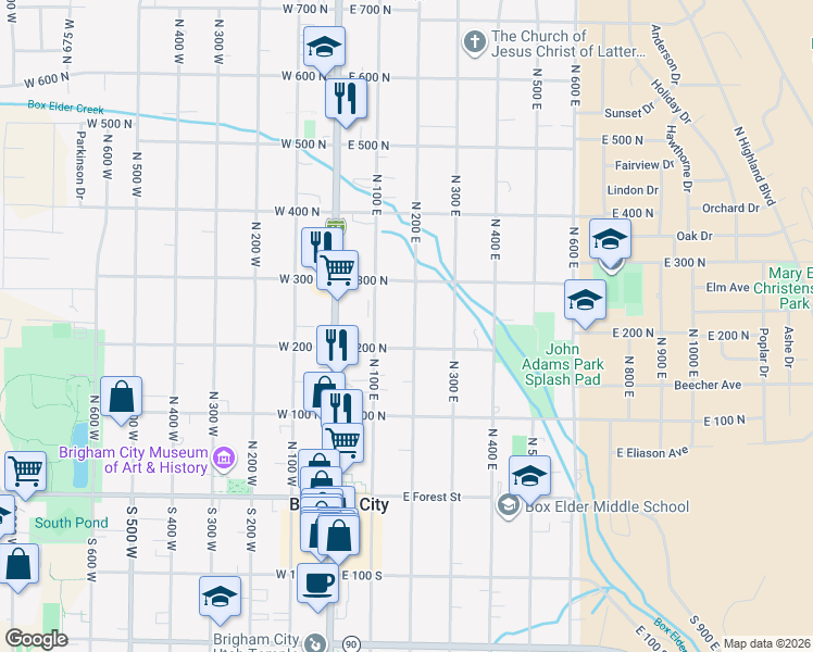 map of restaurants, bars, coffee shops, grocery stores, and more near 225 North 200 East in Brigham City