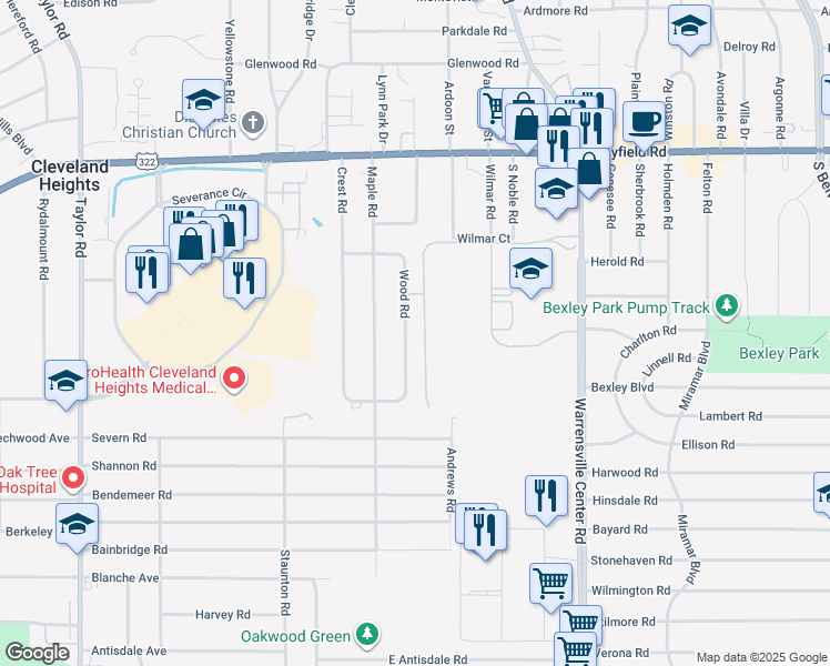 map of restaurants, bars, coffee shops, grocery stores, and more near 1627 Wood Road in Cleveland Heights