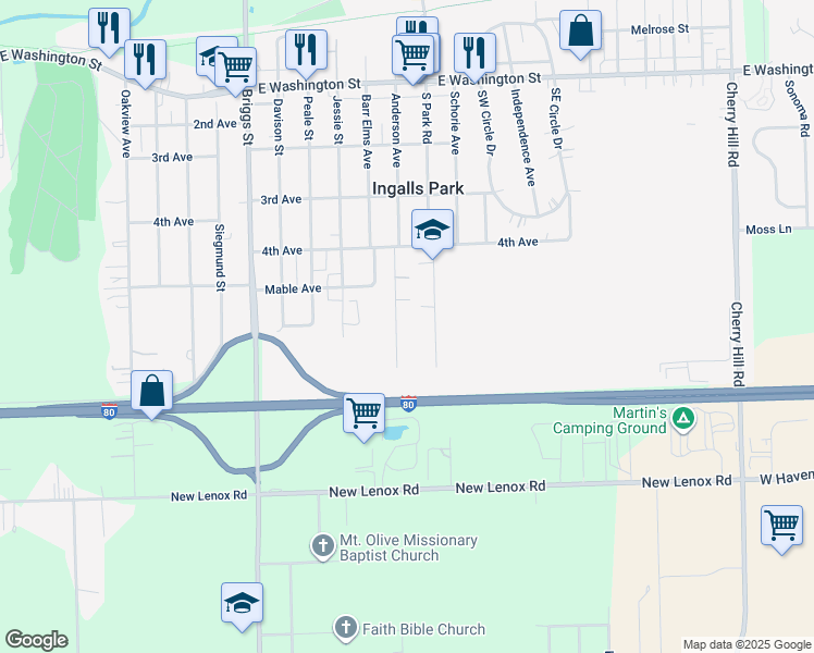 map of restaurants, bars, coffee shops, grocery stores, and more near 426 Ray May Drive in Joliet
