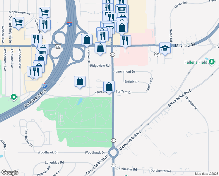 map of restaurants, bars, coffee shops, grocery stores, and more near 431 Rosebury Court in Mayfield Heights