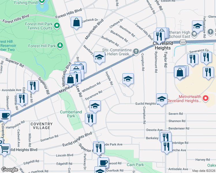 map of restaurants, bars, coffee shops, grocery stores, and more near 3239 Sycamore Road in Cleveland Heights