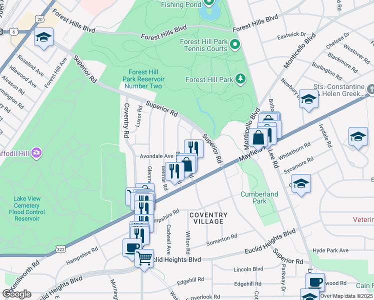 map of restaurants, bars, coffee shops, grocery stores, and more near 1612 Hillcrest Road in Cleveland Heights