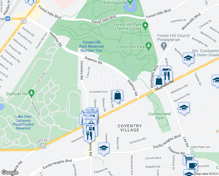 map of restaurants, bars, coffee shops, grocery stores, and more near 2863 Avondale Avenue in Cleveland Heights