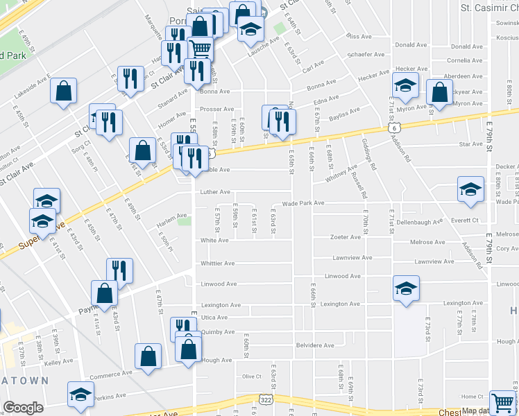 map of restaurants, bars, coffee shops, grocery stores, and more near 1407 East 61st Street in Cleveland