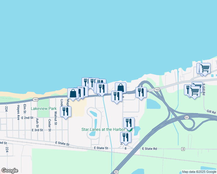 map of restaurants, bars, coffee shops, grocery stores, and more near 1803 East Perry Street in Port Clinton