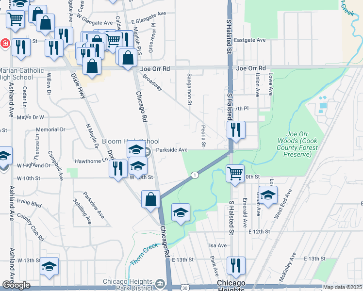 map of restaurants, bars, coffee shops, grocery stores, and more near 39 Parkside Avenue in Chicago Heights