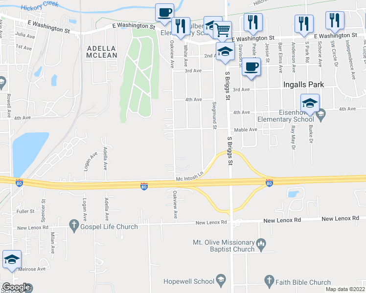 map of restaurants, bars, coffee shops, grocery stores, and more near 516 Oakview Avenue in Joliet