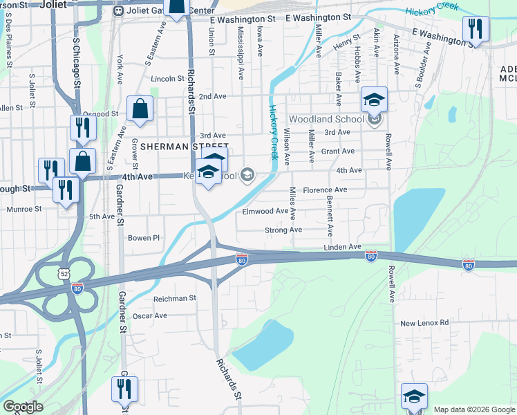 map of restaurants, bars, coffee shops, grocery stores, and more near 411 Elmwood Avenue in Joliet