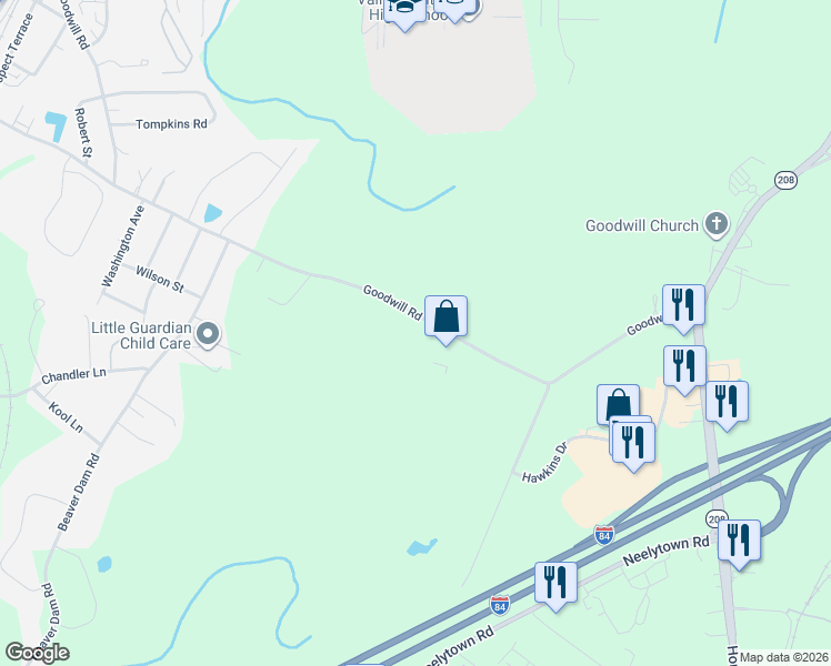 map of restaurants, bars, coffee shops, grocery stores, and more near 393 Goodwill Road in Montgomery