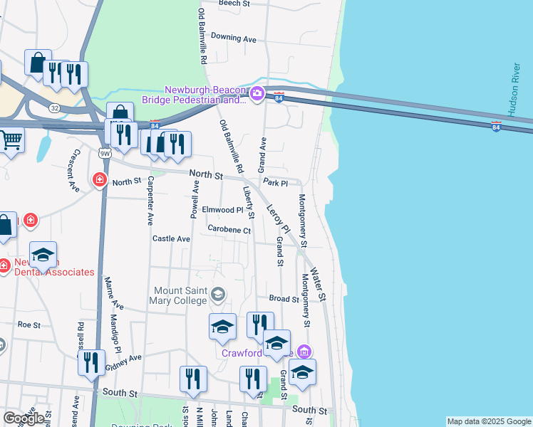 map of restaurants, bars, coffee shops, grocery stores, and more near 50 Leroy Place in Newburgh