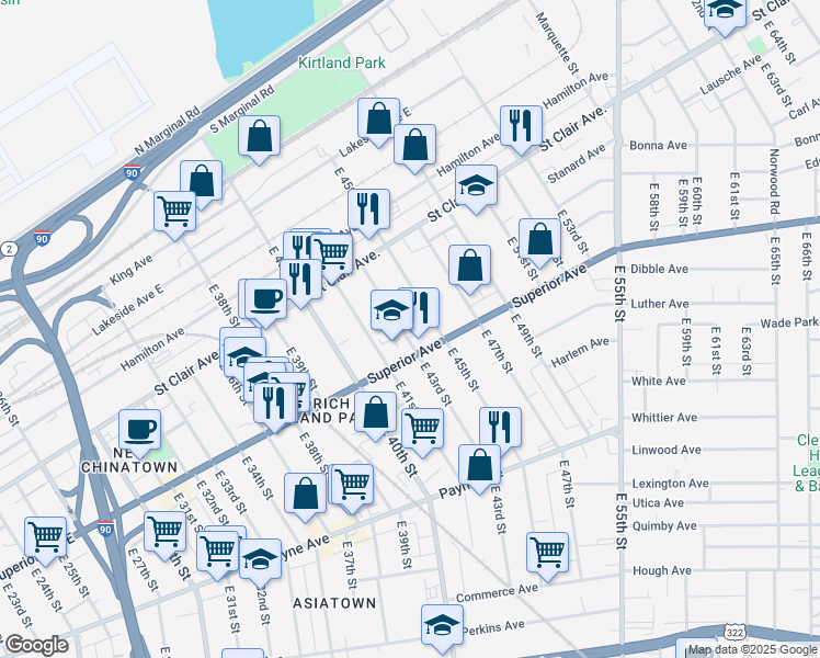 map of restaurants, bars, coffee shops, grocery stores, and more near 1435 East 43rd Street in Cleveland