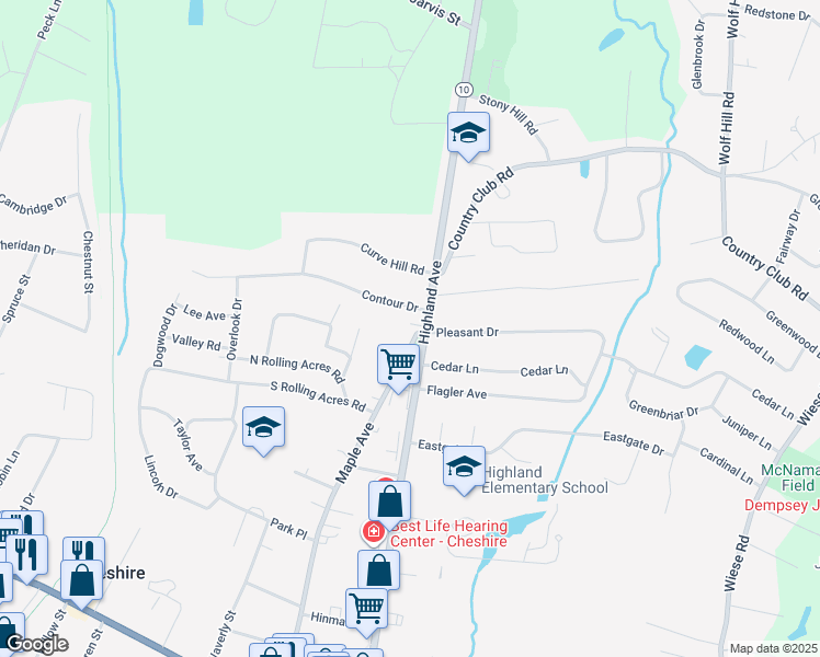 map of restaurants, bars, coffee shops, grocery stores, and more near 649 Maple Avenue in Cheshire