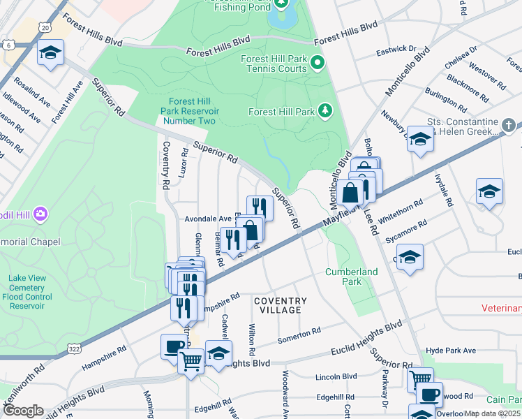 map of restaurants, bars, coffee shops, grocery stores, and more near 1613 Hillcrest Road in Cleveland Heights
