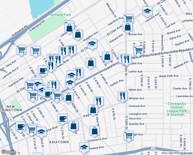 map of restaurants, bars, coffee shops, grocery stores, and more near 4700 Superior Ave in Cleveland