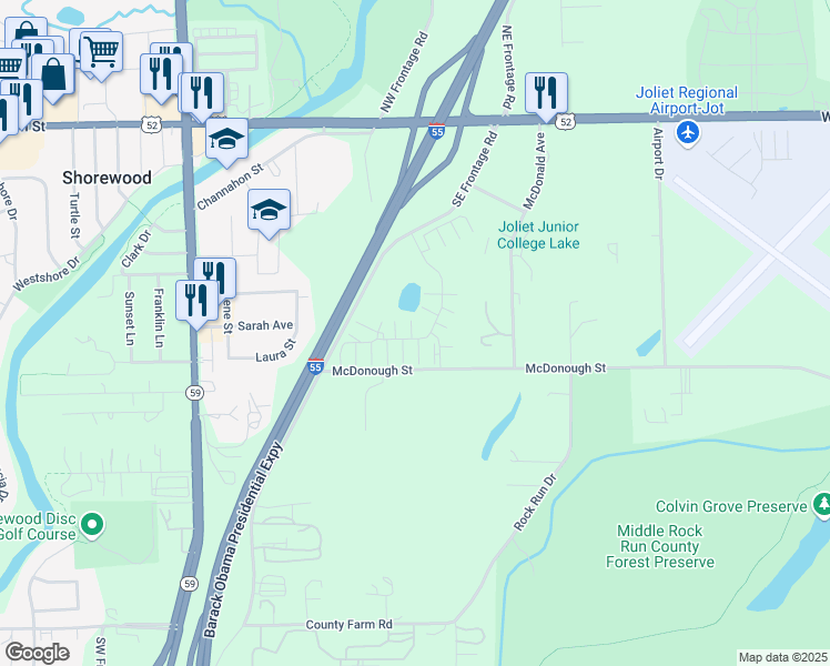 map of restaurants, bars, coffee shops, grocery stores, and more near 4321 Timber Ridge Court in Joliet