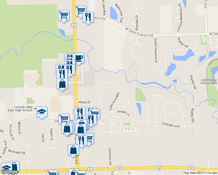 map of restaurants, bars, coffee shops, grocery stores, and more near 20545 Abbey Drive in Frankfort