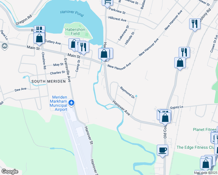 map of restaurants, bars, coffee shops, grocery stores, and more near 1152 Hanover Avenue in Meriden