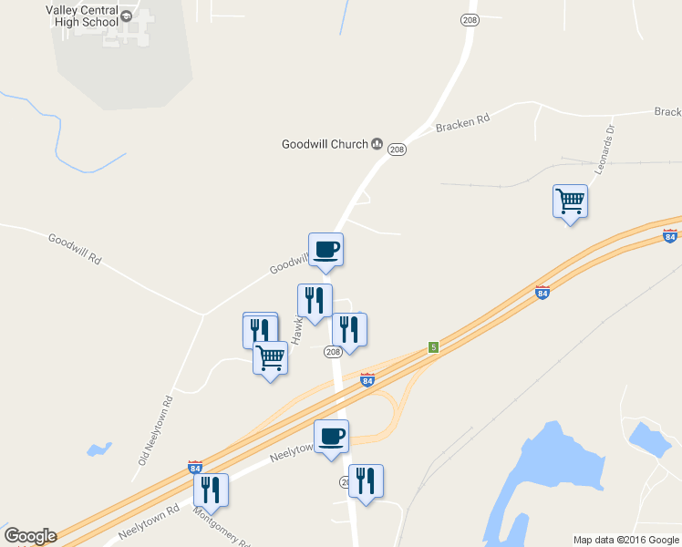 map of restaurants, bars, coffee shops, grocery stores, and more near 2104 Route 208 in Montgomery