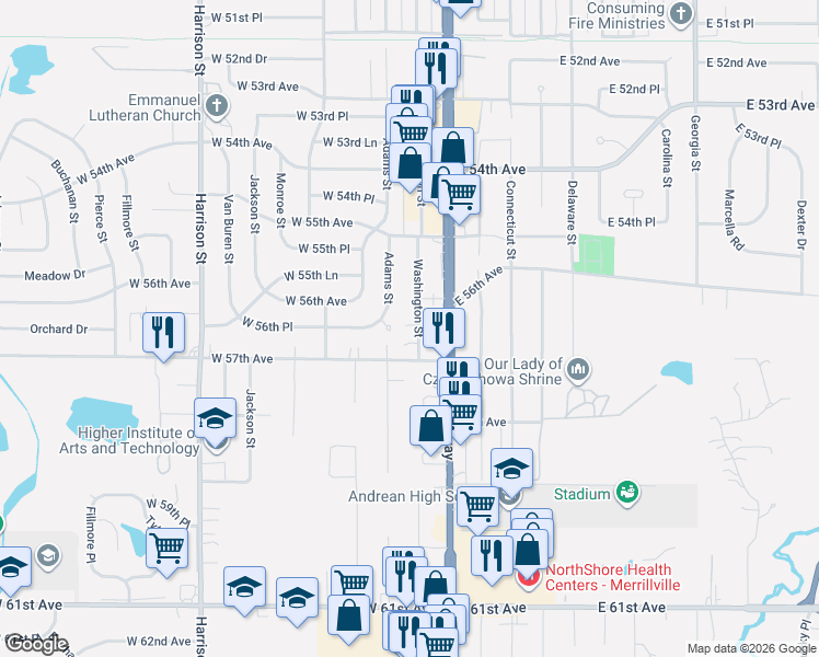 map of restaurants, bars, coffee shops, grocery stores, and more near 5628 Washington Street in Merrillville