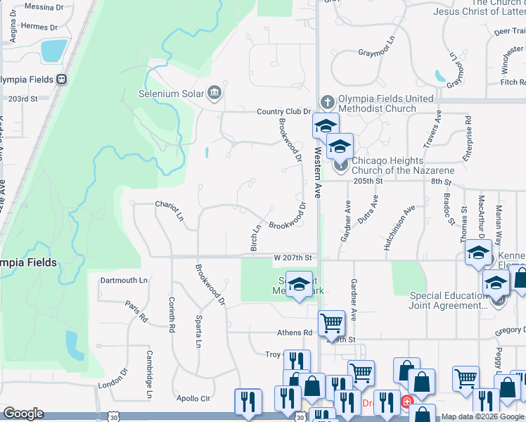 map of restaurants, bars, coffee shops, grocery stores, and more near 650 Birch Lane in Olympia Fields
