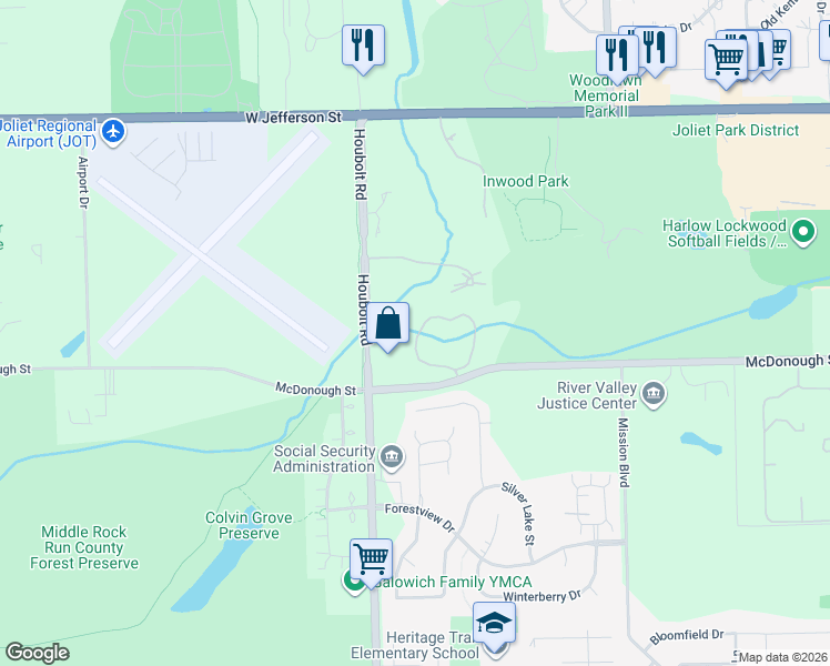 map of restaurants, bars, coffee shops, grocery stores, and more near 46 Coventry Chase in Joliet