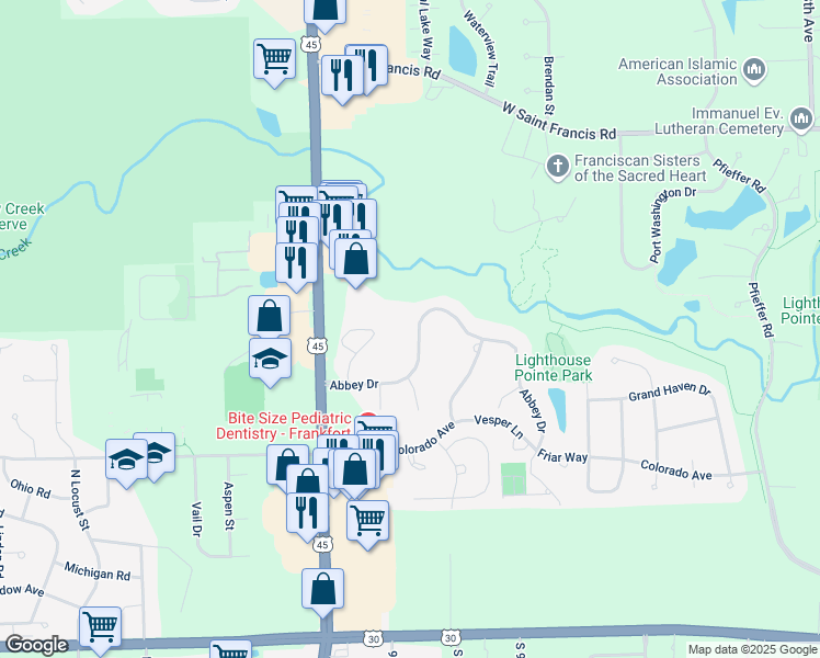 map of restaurants, bars, coffee shops, grocery stores, and more near 20612 Abbey Drive in Frankfort