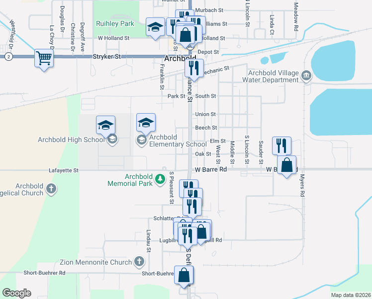 map of restaurants, bars, coffee shops, grocery stores, and more near 507 South Defiance Street in Archbold