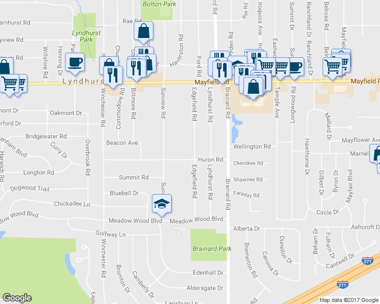 map of restaurants, bars, coffee shops, grocery stores, and more near 1632 Edgefield Road in Lyndhurst