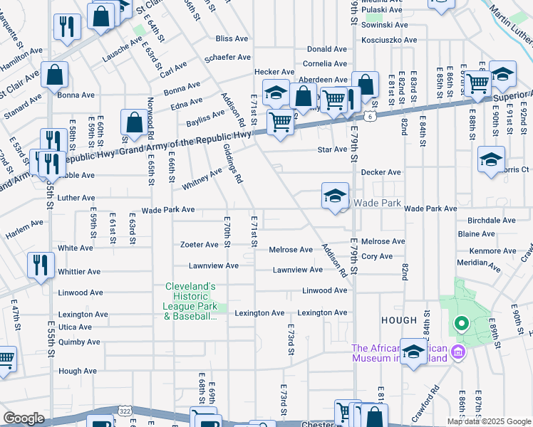 map of restaurants, bars, coffee shops, grocery stores, and more near 7200 Wade Park Avenue in Cleveland