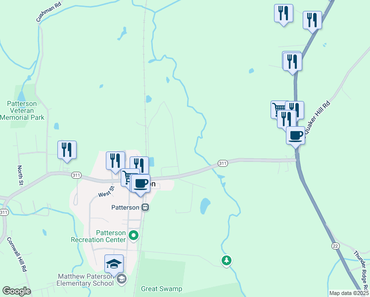 map of restaurants, bars, coffee shops, grocery stores, and more near 26 Burdick Road in Patterson