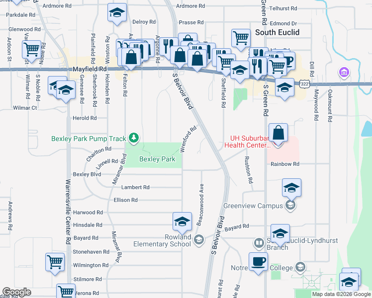 map of restaurants, bars, coffee shops, grocery stores, and more near 1635 Wrenford Road in South Euclid