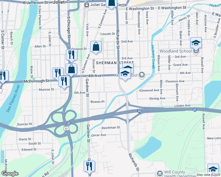 map of restaurants, bars, coffee shops, grocery stores, and more near 208 Sherman Court in Joliet