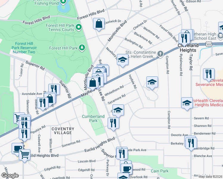 map of restaurants, bars, coffee shops, grocery stores, and more near 3153 Whitethorn Road in Cleveland Heights