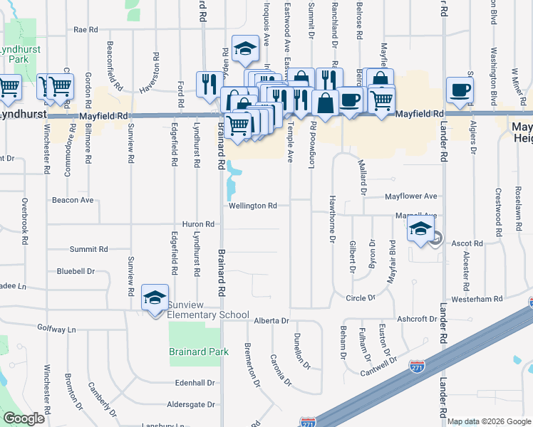 map of restaurants, bars, coffee shops, grocery stores, and more near 5704 Wellington Rd in Lyndhurst