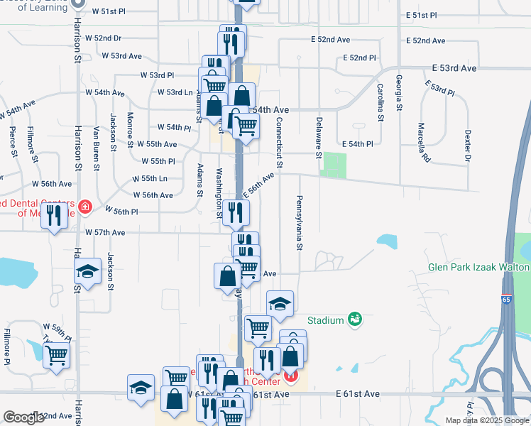 map of restaurants, bars, coffee shops, grocery stores, and more near 5645 Massachusetts Street in Merrillville
