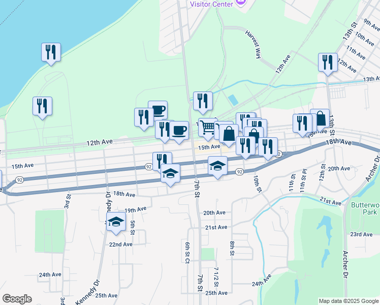 map of restaurants, bars, coffee shops, grocery stores, and more near 1505 7th Street in East Moline