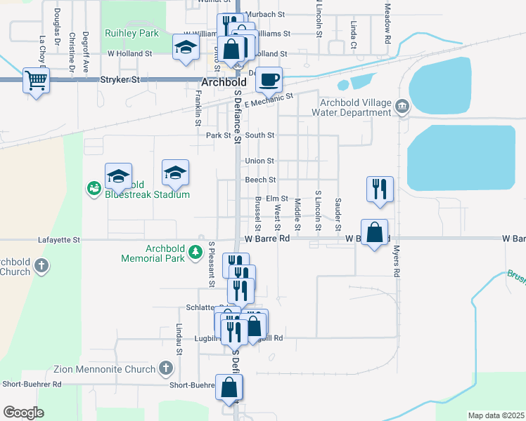 map of restaurants, bars, coffee shops, grocery stores, and more near 504 Brussel Street in Archbold