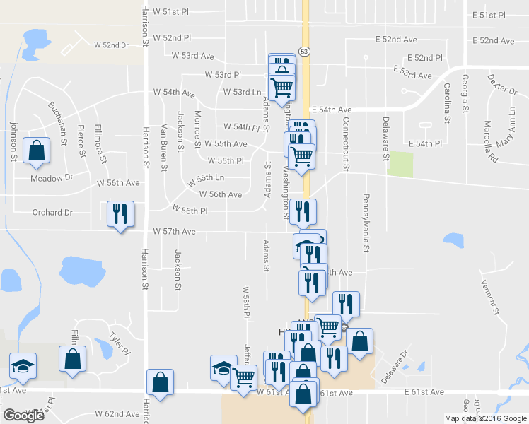 map of restaurants, bars, coffee shops, grocery stores, and more near 5640 Adams Court in Merrillville