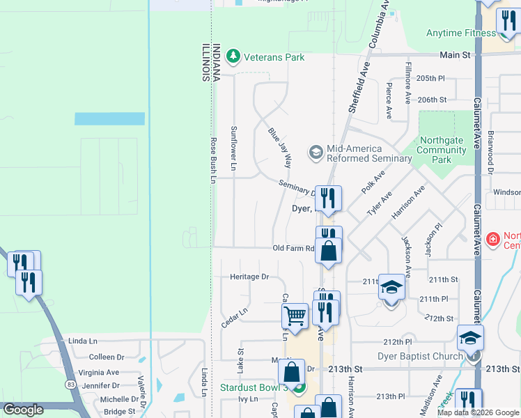 map of restaurants, bars, coffee shops, grocery stores, and more near 849 Robin Court in Dyer