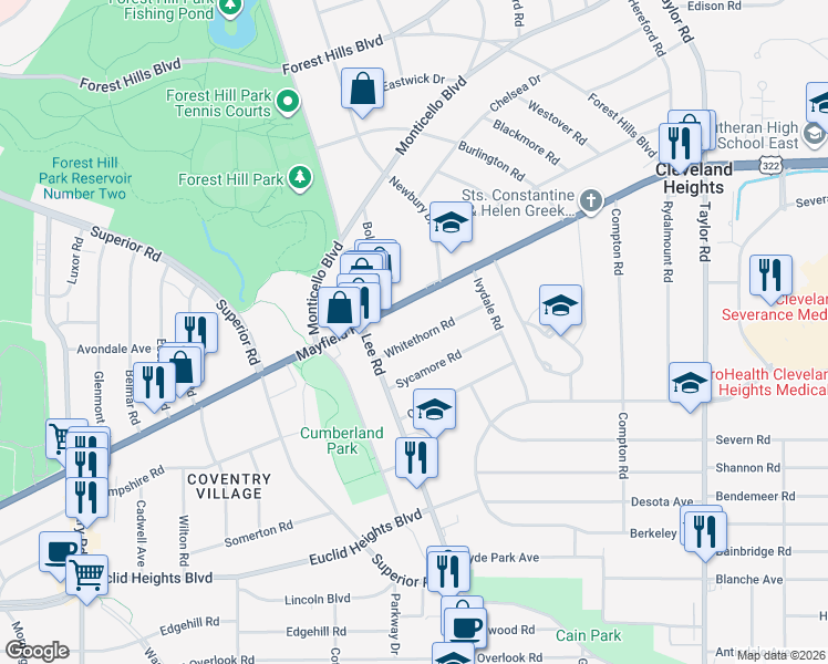 map of restaurants, bars, coffee shops, grocery stores, and more near 3153 Whitethorn Road in Cleveland Heights