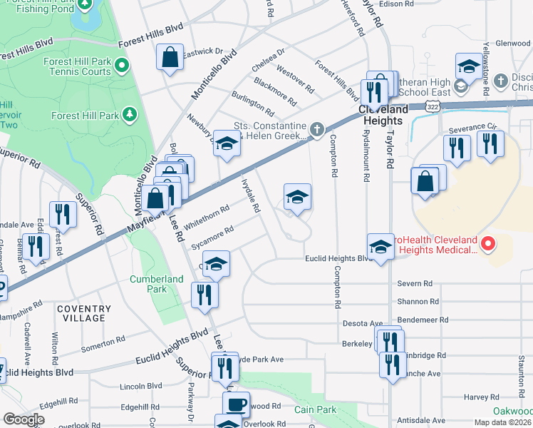 map of restaurants, bars, coffee shops, grocery stores, and more near 1619 Ivydale Road in Cleveland Heights