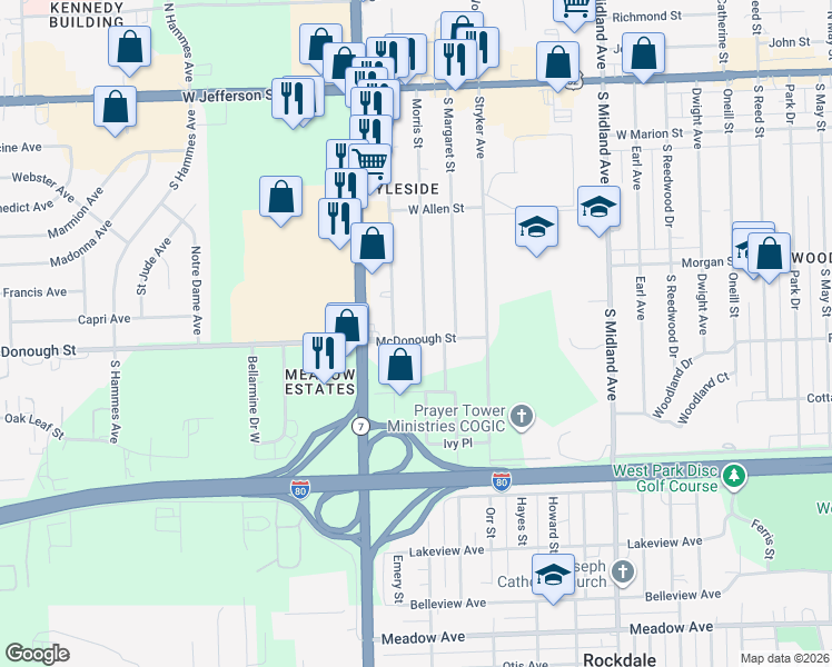 map of restaurants, bars, coffee shops, grocery stores, and more near 325 Morris Street in Joliet