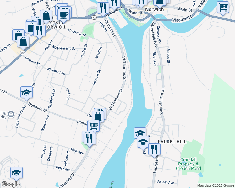 map of restaurants, bars, coffee shops, grocery stores, and more near 91 West Thames Street in Norwich