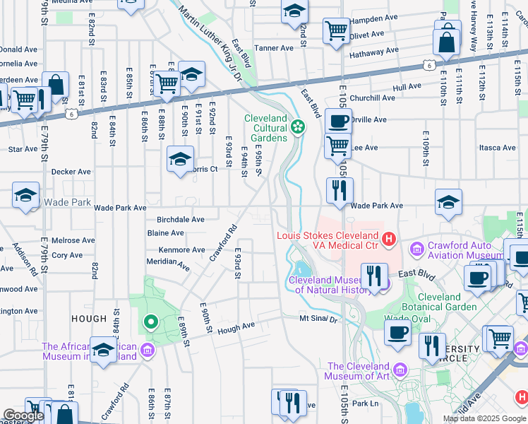 map of restaurants, bars, coffee shops, grocery stores, and more near 9500 Wade Park Avenue in Cleveland