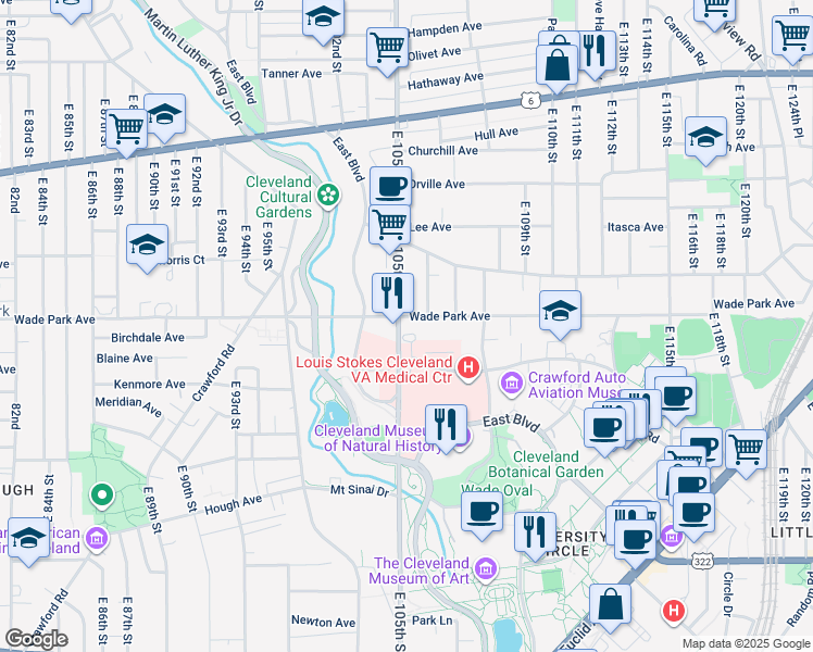 map of restaurants, bars, coffee shops, grocery stores, and more near 10500 Wade Park Avenue in Cleveland