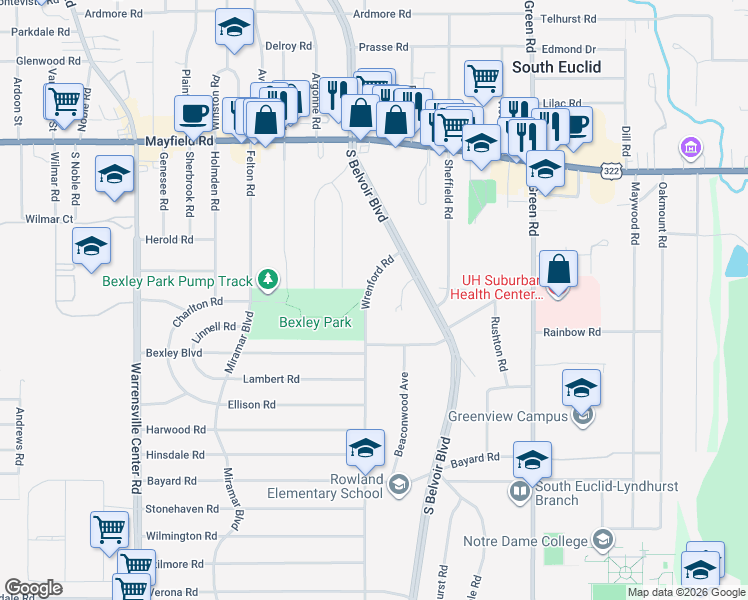 map of restaurants, bars, coffee shops, grocery stores, and more near 1635 Wrenford Road in South Euclid