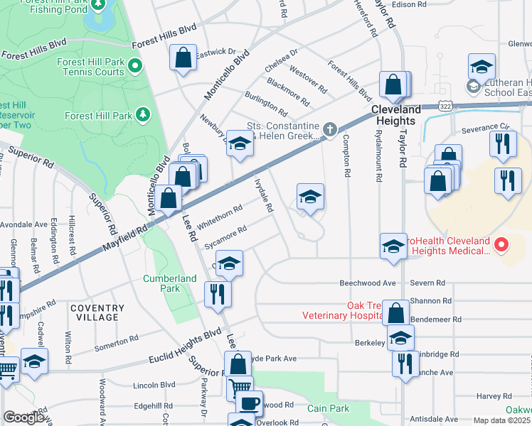 map of restaurants, bars, coffee shops, grocery stores, and more near 3239 Sycamore Road in Cleveland Heights