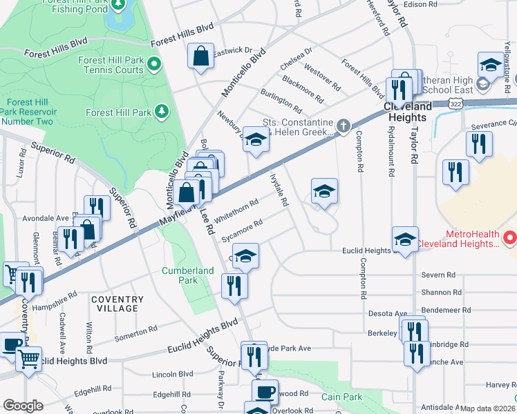 map of restaurants, bars, coffee shops, grocery stores, and more near 3186 Whitethorn Road in Cleveland Heights