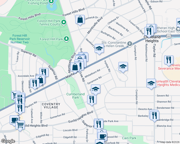 map of restaurants, bars, coffee shops, grocery stores, and more near 3153 Whitethorn Road in Cleveland Heights