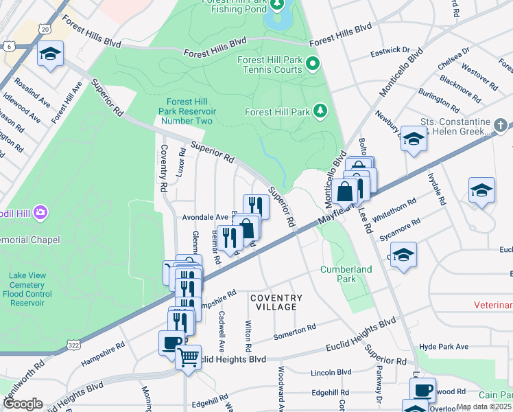 map of restaurants, bars, coffee shops, grocery stores, and more near 1612 Hillcrest Road in Cleveland Heights